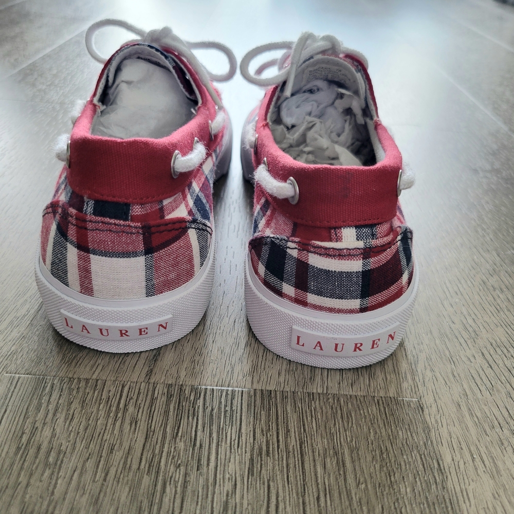 NWOT LAUREN RALPH LAUREN White Red Blue Breena Madras Plaid Boat Canvas Shoes 7B - Picture 5 of 7